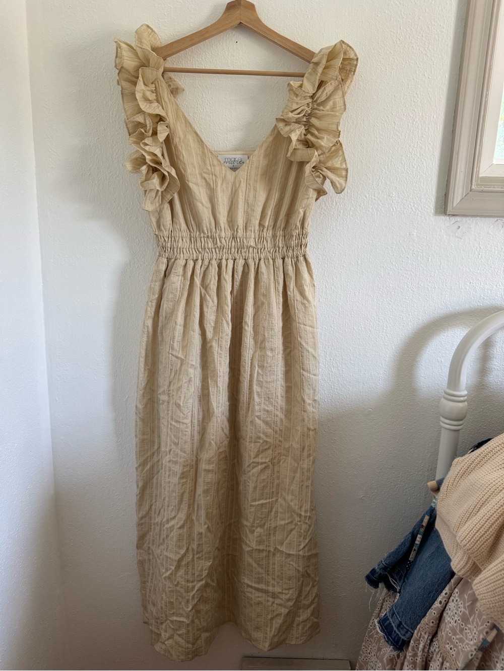 Mare Mare x Anthro Ruffled Shoulder Maxi Dress in Light Beige